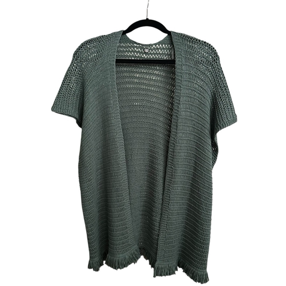 MARGARET‎ O’LEARY Green Cotton Crochet Fringe Cardigan Loose Knit Boho Cover Up
